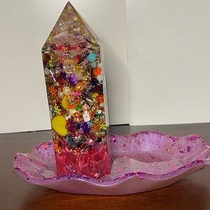 Colorful Resin Art Crystal with Pink Tray- Handmade